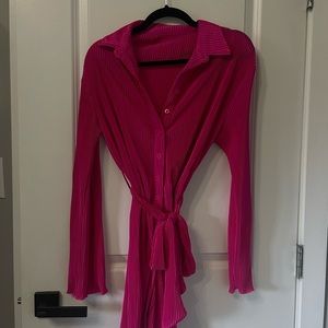 Pink Button Up Belted Mini Dress